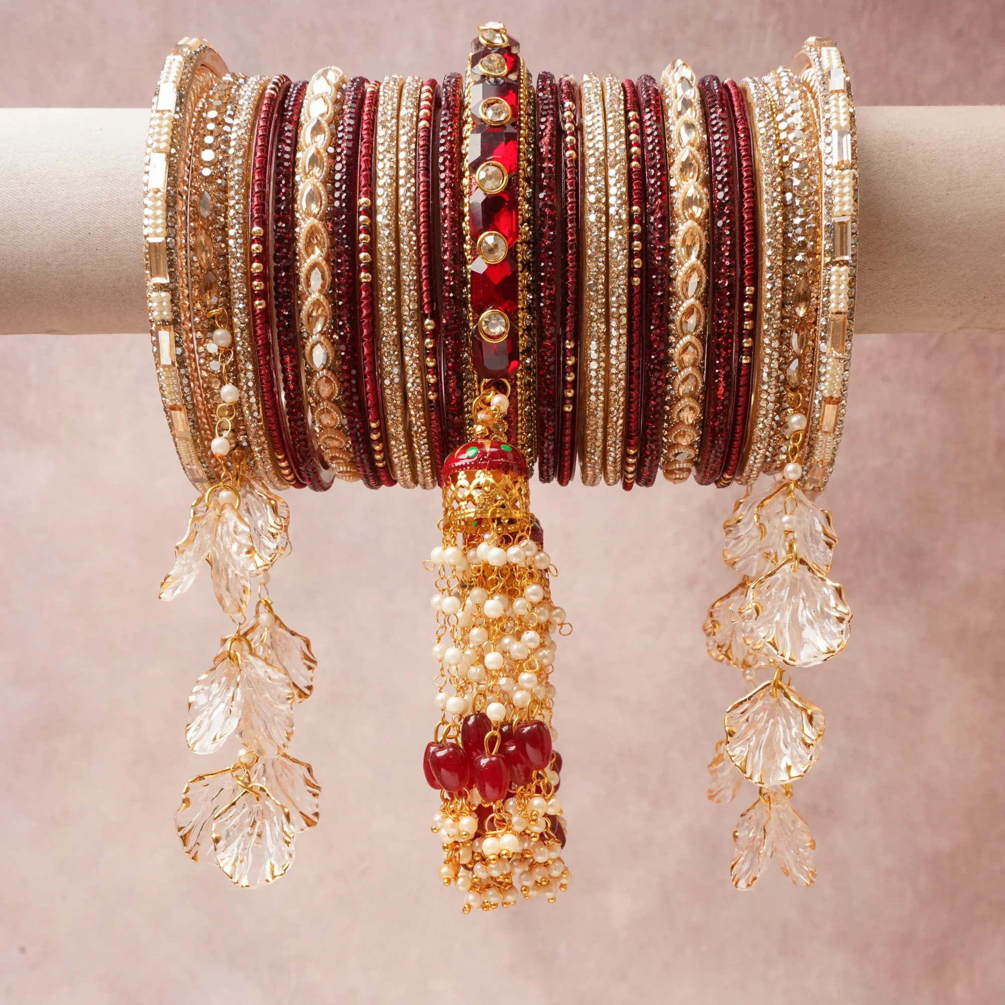 A commanding Crimson Red anchors this beautiful set, enriched with accents of Cream Pearl, Deep Oxblood, Veridian Green that add depth and dimension.

Featuring a striking composition of Glass, Gold-toned Alloy, Faceted Crystal, Faux Pearl, Resin, Enamel, this set carries intricate craftsmanship and strong presence. Grand in form, it is created for moments that deserve to be marked.